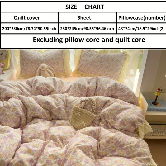 4pcs Bed Sheet Set, Trendy Small Floral American Lace Bedding Set