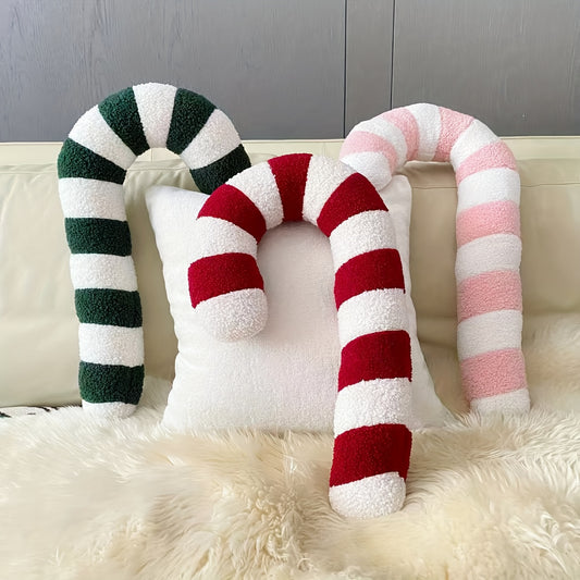 1pc Plush Candy Cane Pillow - Christmas Decor Cushion with Red, Green, Pink Striped Candy Cane Design
