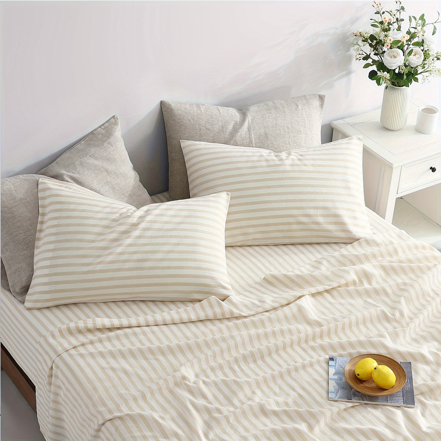 Queen Sheet Set 4 Pcs - 55% Linen, 45% Cotton Striped Sheet Set