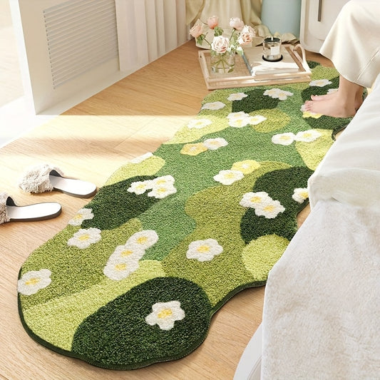 Extra-Long Irregular Shaped Mat - Plush Soft Green Moss & White Daisy Pattern Floor Mat