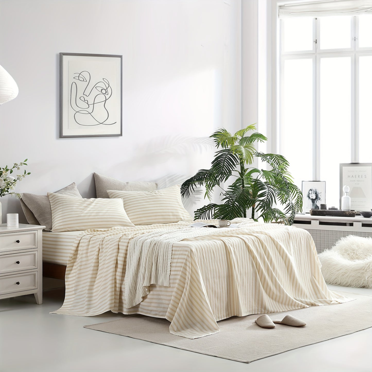 Queen Sheet Set 4 Pcs - 55% Linen, 45% Cotton Striped Sheet Set