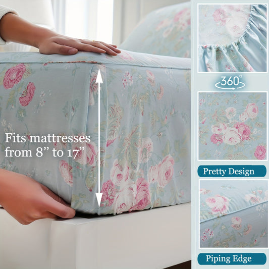 Zusbest 4pcs 100% Cotton Blue Floral Bed Sheets Set Luxury Shabby