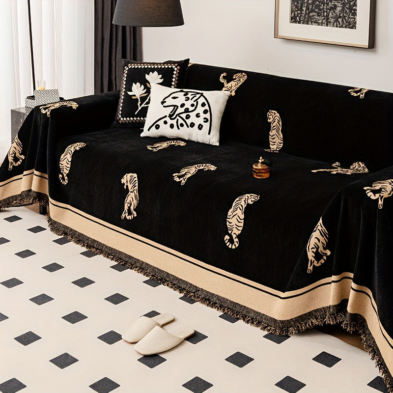 1pc Luxury Tiger Pattern Sofa Cover, 1pc Reversible Velvet Sofa Throw Blanket For Living Room