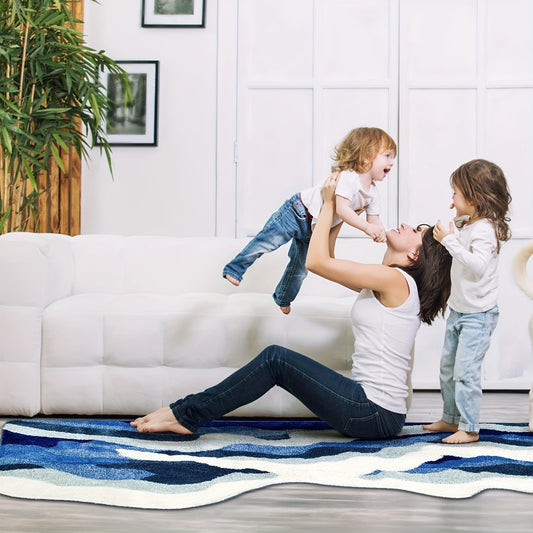 Wave Pattern Plush Soft Area Rug, Ocean-Themed Irregular Shaped Non-Slip TPR Backing Polyester Carpet