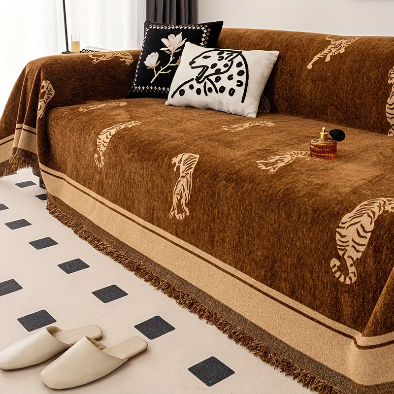 1pc Luxury Tiger Pattern Sofa Cover, 1pc Reversible Velvet Sofa Throw Blanket For Living Room