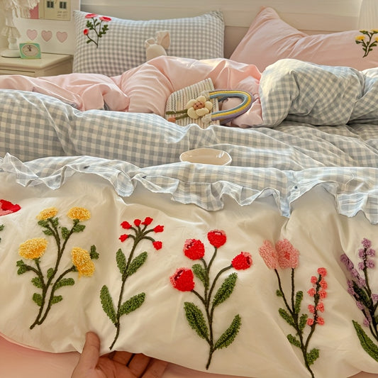 Flower and Lace Bedding Set, Blue Plaid + Colorful Floral Pattern