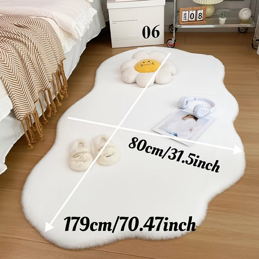 A Uniquely Shaped Solid Color Rug Made of Faux Rabbit Fur Material, Featuring a Fluffy