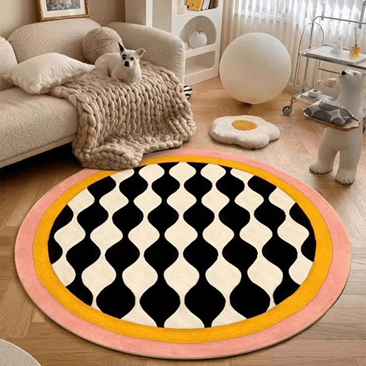 Extra Thick 8mm Luxury Black & White Striped Round Mat - Heavy-Duty 1000gsm Plush Mat