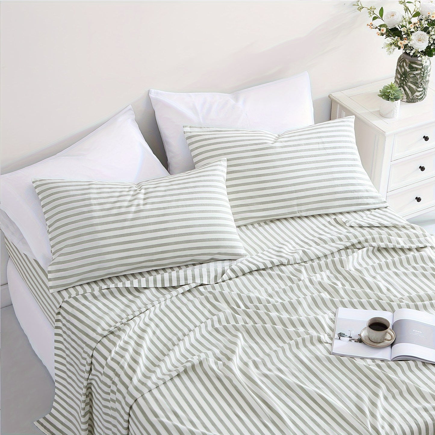 Queen Sheet Set 4 Pcs - 55% Linen, 45% Cotton Striped Sheet Set