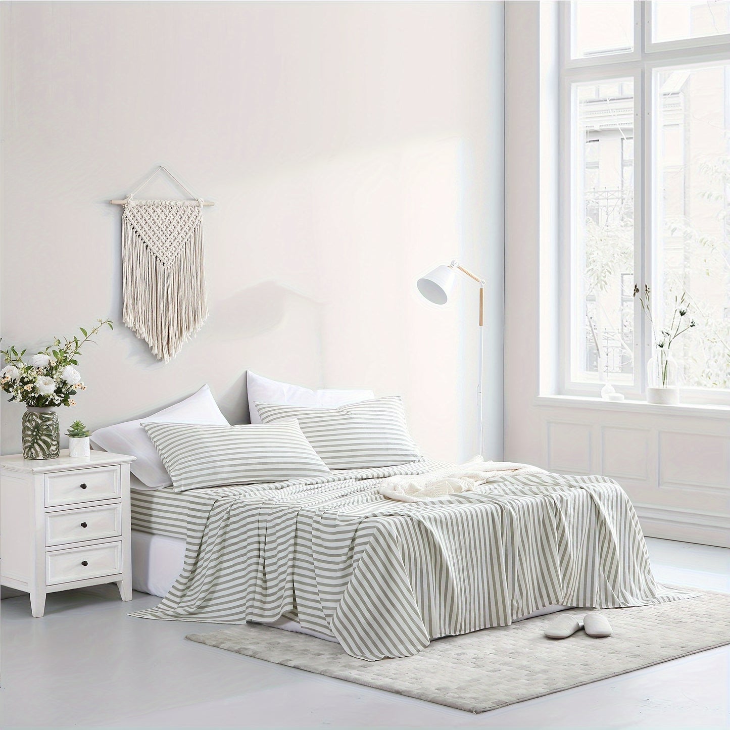 Queen Sheet Set 4 Pcs - 55% Linen, 45% Cotton Striped Sheet Set