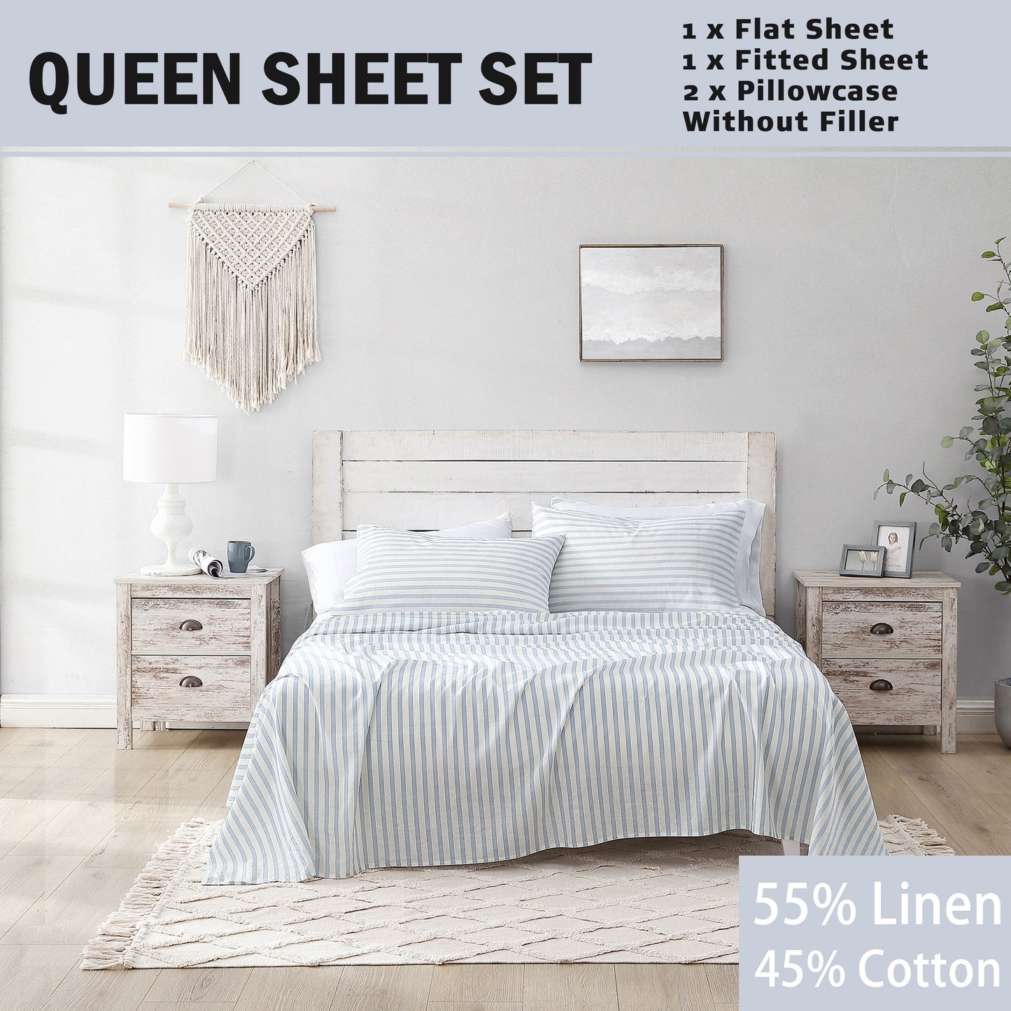 Queen Sheet Set 4 Pcs - 55% Linen, 45% Cotton Striped Sheet Set