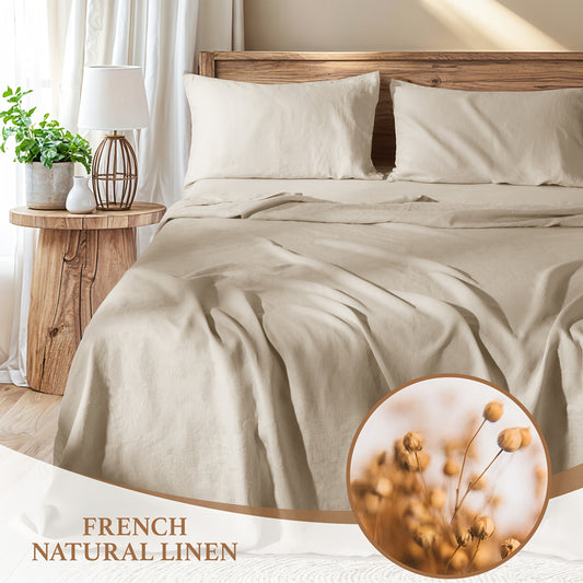 LBR02M Linen Sheet Set, Bed Sheets 4pcs Set, Solid Color Natural Flax Blend Soft Breathable Bedding